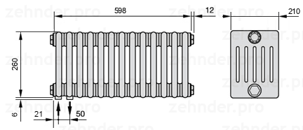 Схема (чертеж) Радиатор Zehnder Charleston 6026/13 №3370 Белый глянцевый RAL 9016